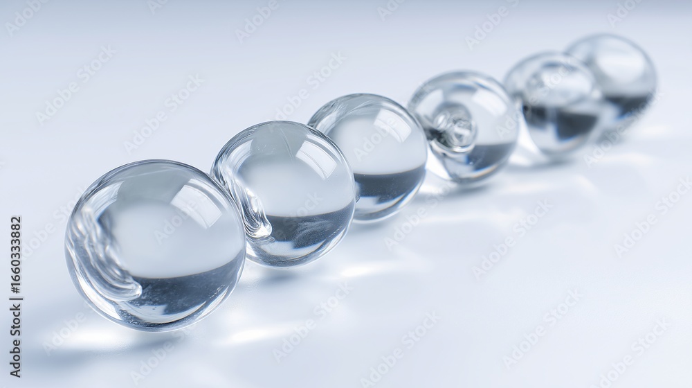 Poster elegant glass marbles rolling in curved trajectory on smooth reflective surface, creating sense of c