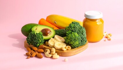 Assorted fresh fruits and vegetables arranged on a light-brown wooden cutting board, with a jar of vibrant orange puree, creating a healthy and colorful still life.