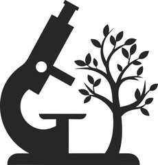 Silhouette of a microscope next to a stylized tree representing biology and science research isolated on white background
