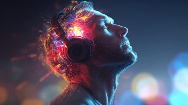 Vibrant brain activity visualization capturing musical inspiration, neural networks transforming sound into dynamic, colorful energy patterns emerging from musician's mind while wearing headphones