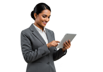 Smiling indian businesswoman in a grey suit uses a tablet device isolated on transparent background