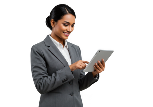Smiling indian businesswoman in a grey suit uses a tablet device isolated on transparent background