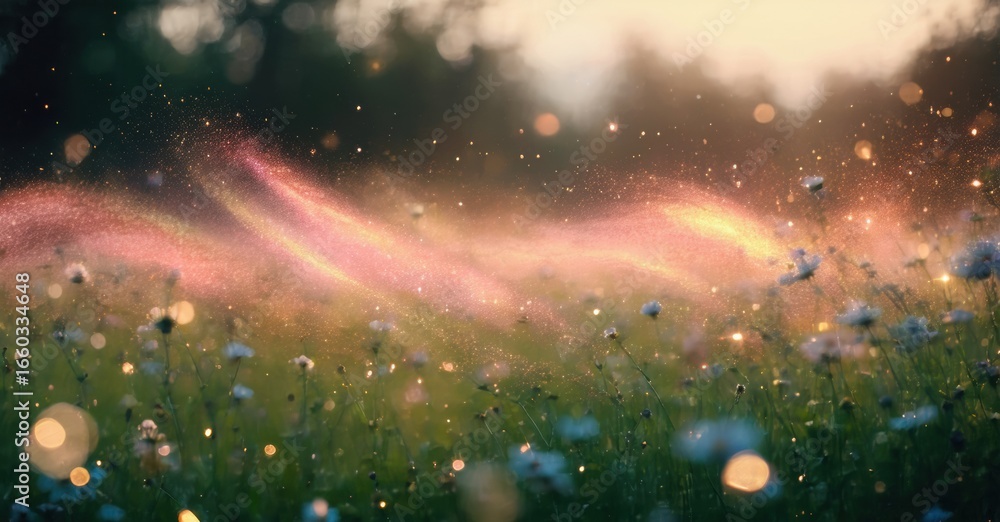 Poster lush meadow glows. soft light filters through trees. magical sparkles drift above delicate wildflowe