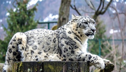 A tranquil snow leopard rests on a weathered log, showcasing its striking spotted coat against a backdrop of lush trees and a blurred mountain range.
