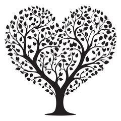Heart shaped tree with birds and hearts isolated on white background