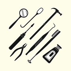 Collection of dental tools silhouette isolated on white background