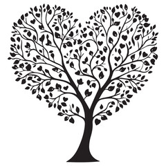 Heart shaped tree with birds and hearts isolated on white background