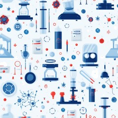 Seamless pattern of light colored medical symbols  microscopes, happy molecules, and hearts.