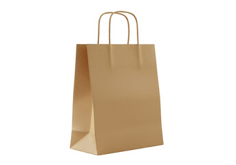 A simple brown paper shopping bag with twisted handles standing upright isolated on transparent background