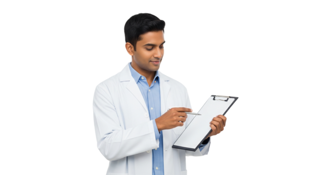 Focused Young Doctor or Scientist in Lab Coat Pointing at Clipboard