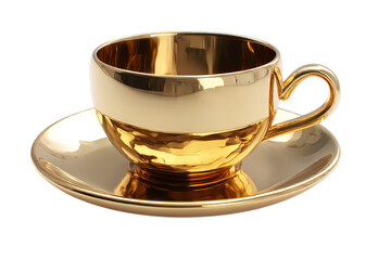 Shiny gold teacup and saucer isolated on transparent background