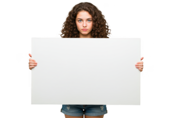 Young woman with curly hair holding a blank white sign isolated on transparent background