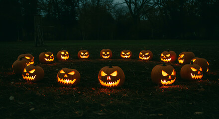 Enchanting Circle of Illuminated Jack-o'-Lanterns in Dark Park