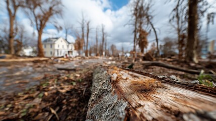 A calamity nature disaster scene shows the aftermath of a tornado in a town. Buildings are damaged