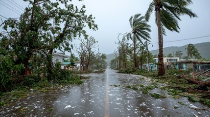 calamity nature disaster scene street submerge in flood in powerful storm 