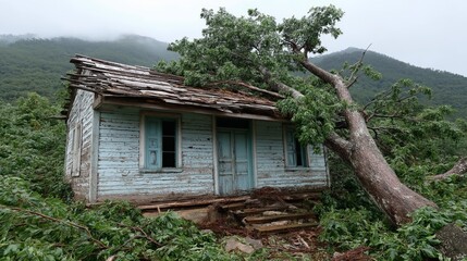 A calamity nature disaster scene shows a house damaged by a fallen tree after a powerful storm. Broken branches