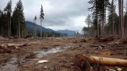 calamity nature disaster scene woodland damage by flood covered with mud