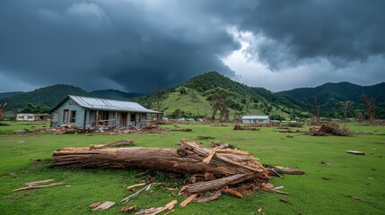 A calamity nature disaster scene shows the aftermath of a tornado in a town. Buildings are damaged