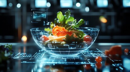 Photo Transparent digital bowl of fresh salad with holographic data overlays food technology