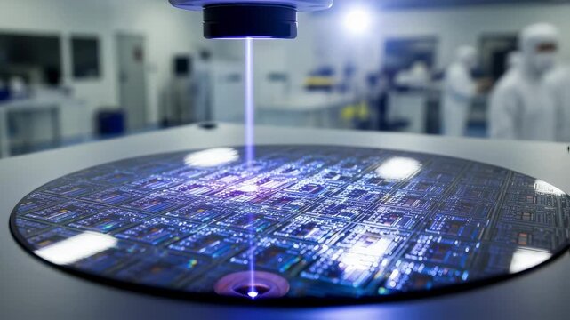 Multilayer chip pattern design projected onto wafer surface during photolithography exposure inside bright filteredair cleanroom.