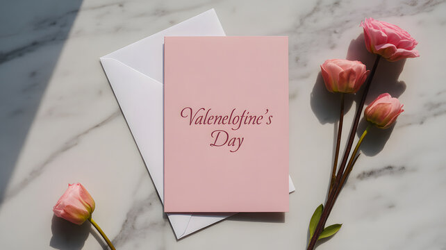 Elegant Valentine's Day card with delicate pink roses on marble, perfect for heartfelt messages.