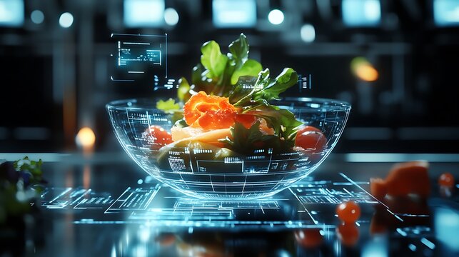 Photo Transparent digital bowl of fresh salad with holographic data overlays food technology