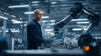 An engineer works on coding a robotic arm inside a factory. The industrial setting with machinery, wires, and computers