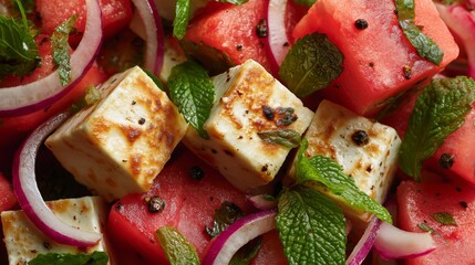 A refreshing watermelon and grilled cheese salad served on a plate