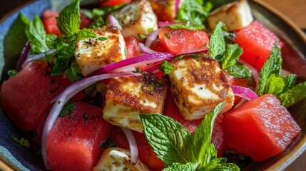 A refreshing watermelon and grilled cheese salad served on a plate