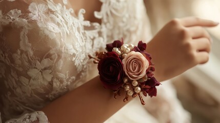 A beautiful rose wrist corsage adorns the wrist of a bride, crafted with delicate fresh roses and elegant greenery