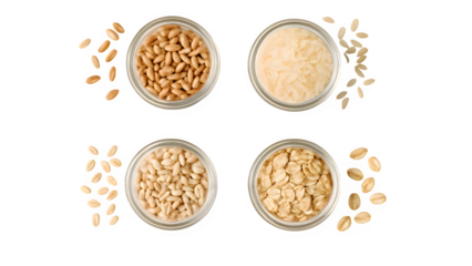 Overhead Flat Lay of Assorted Grains in Glass Jars on Transparent Background