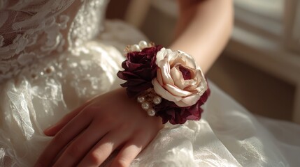 A beautiful rose wrist corsage adorns the wrist of a bride, crafted with delicate fresh roses and elegant greenery
