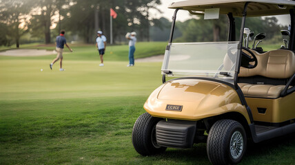 Gold golf cart on a lush course