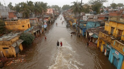 aerial view flood in India town, town street submerge in water 