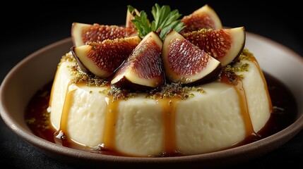 panna cotta with fresh fig and nut serve with caramel sauce	
