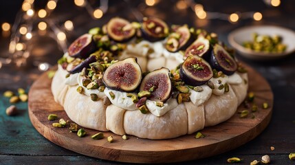 A festive pavlova wreath topped with figs and brie cheese is beautifully arranged, with delicate cream swirls and garnished fruits. Soft bokeh lights in the background add a dreamy and elegant holiday