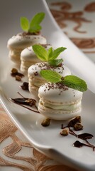close up row of three macaron on white plate with chocolate sauce 