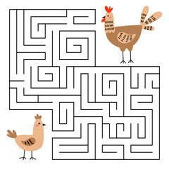 Farm maze game for kids. Cute rooster looking for a way to the chicken. Printable worksheet with solution for school and preschool. Vector cartoon illustration.