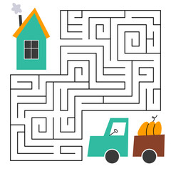 Farm maze game for kids. Cute truck looking for a way to the hause. Printable worksheet with solution for school and preschool. Vector cartoon illustration.