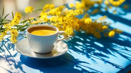 Photo White coffee cup with mimosa flowers on a blue wooden surface with shadows saucer