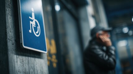Medium shot of a technician testing an assistive listening device near a stage entrance a wheelchair access sign blurred in the background.