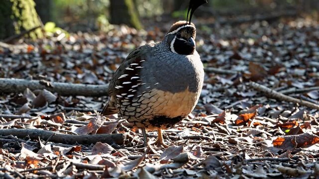 A close-up, ground-level shot of a quail in a forest, surrounded by fallen leaves. The video captures the bird's natural habitat and details.