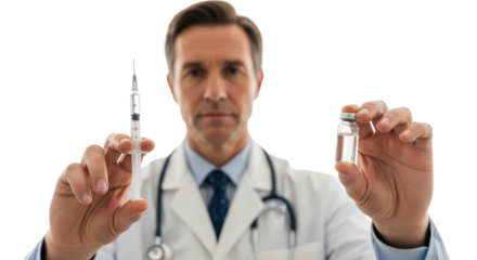 Male Doctor Holding Syringe and Vaccine Vial: Medical Treatment, Vaccination & Healthcare