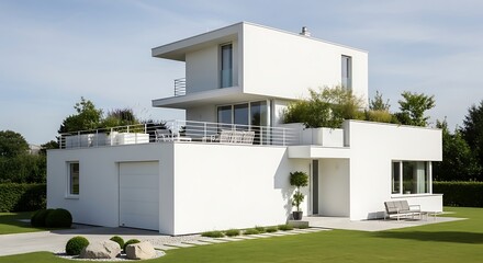 Modern white house with a contemporary design, multiple levels, and outdoor terraces, situated in a landscaped garden.
