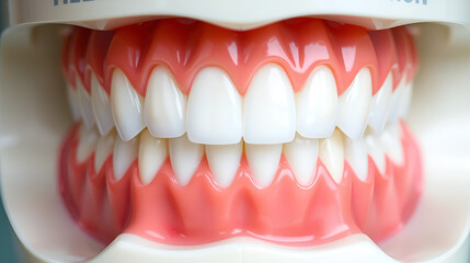 Obraz premium A close-up shot of a dental model showing a full set of perfect teeth. It highlights dental health and hygiene
