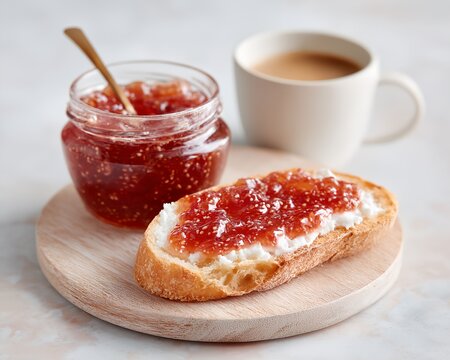 Jar of jam is on a wooden table next to a slice of toast.