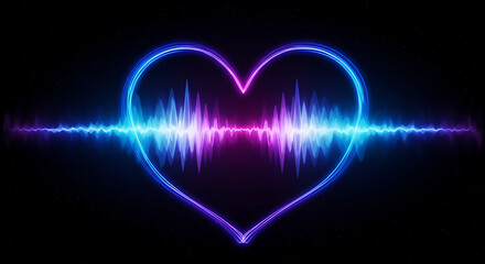 Abstract Heartbeat Soundwave Visualization A Neon Glow Heart with Pulsing Blue and Pink Audio Waves on a Dark Background