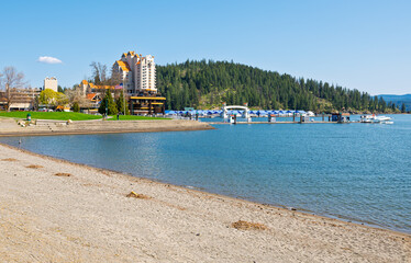 The downtown resort, marina, beach and Tubbs Hill park along the lake in Coeur d'Alene, Idaho, North Idaho panhandle.