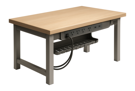 Workbench with built-in power strip and cable management system for electronics assembly.