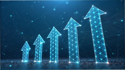 Five ascending arrows made of glowing digital nodes and lines on a dark grid background – Data-driven progress, technology, abstract, growth, analytics, futuristic, innovation